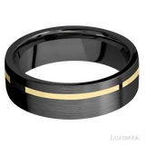 7 mm wide/Flat/Zirconium band with one 1 mm Off Center inlay of 14K Yellow Gold.