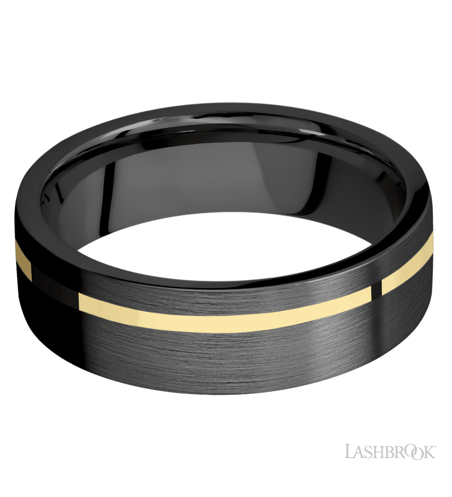 7 mm wide/Flat/Zirconium band with one 1 mm Off Center inlay of 14K Yellow Gold.