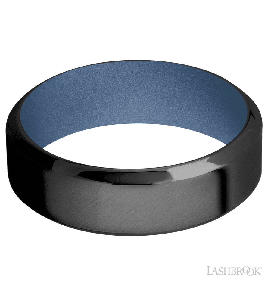 7 mm wide High Bevel Zirconium band featuring a Crushed Orchid sleeve.