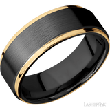 8 mm wide/Flat Grooved Edges/Zirconium band with two 1 mm Edge inlays of 14K Yellow Gold.
