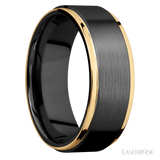 8 mm wide/Flat Grooved Edges/Zirconium band with two 1 mm Edge inlays of 14K Yellow Gold.