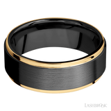 8 mm wide/Flat Grooved Edges/Zirconium band with two 1 mm Edge inlays of 14K Yellow Gold.