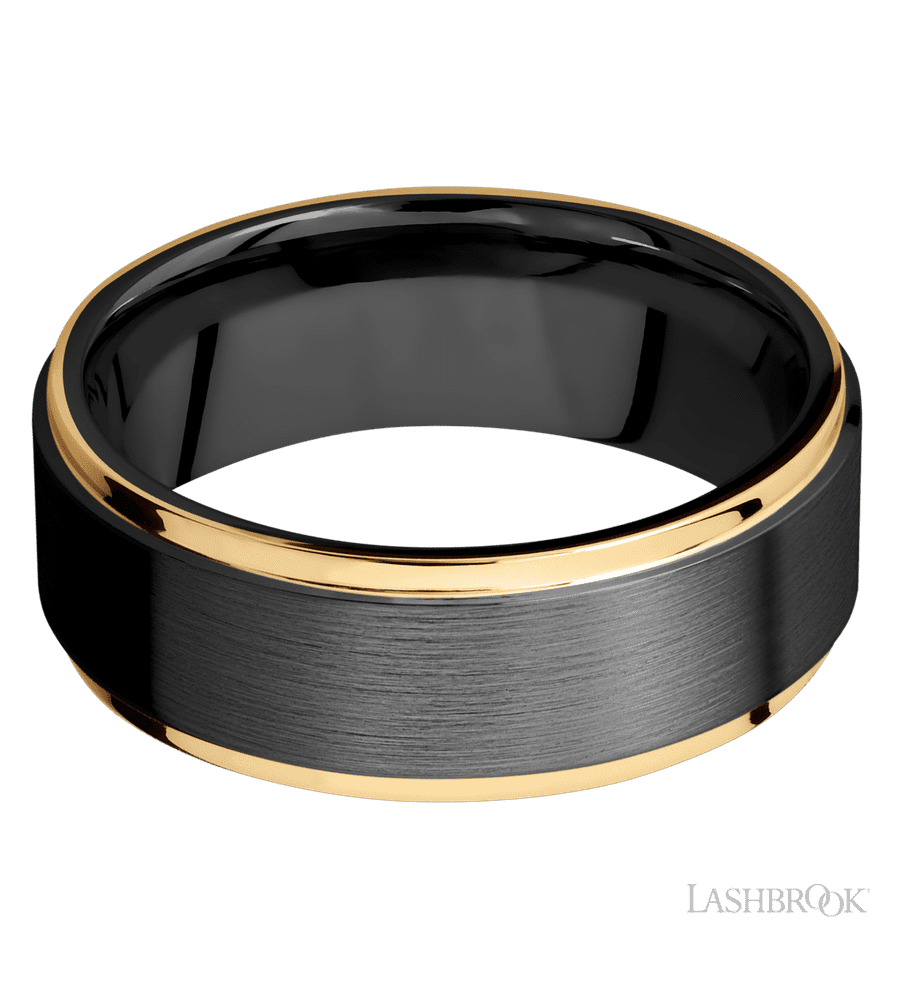 8 mm wide/Flat Grooved Edges/Zirconium band with two 1 mm Edge inlays of 14K Yellow Gold.