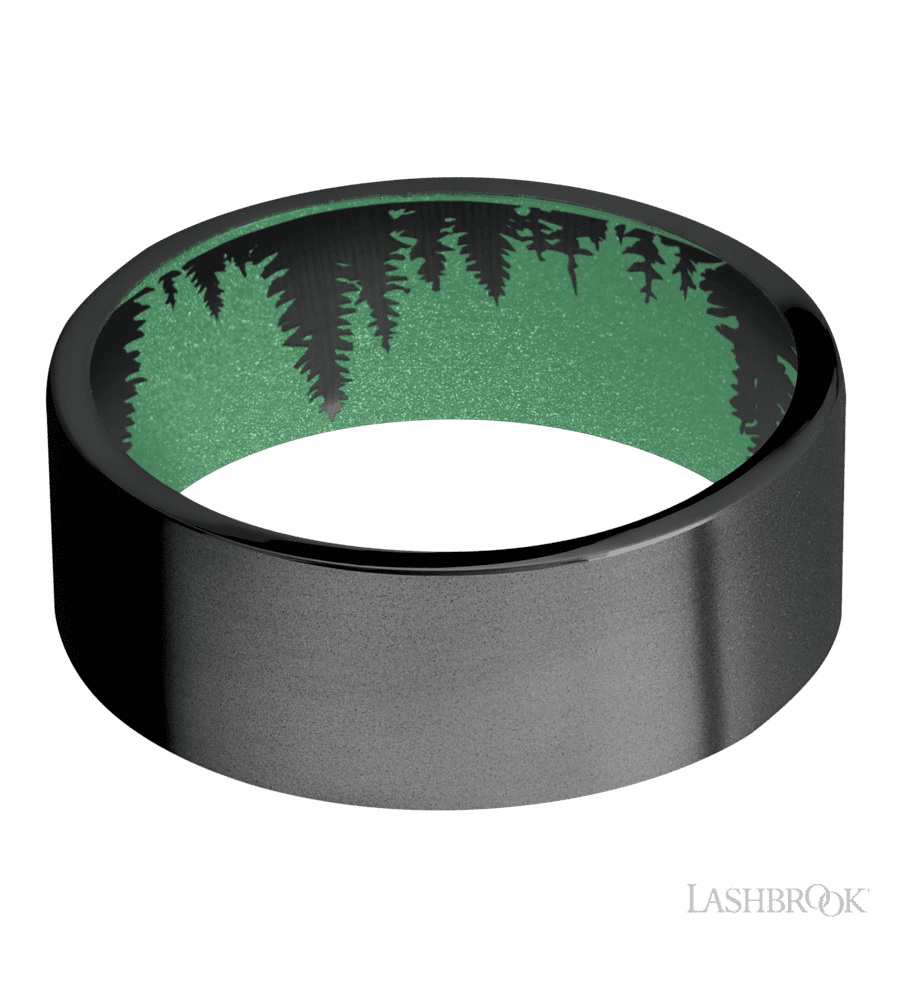 8 mm wide Flat Zirconium band featuring a Squatch sleeve.