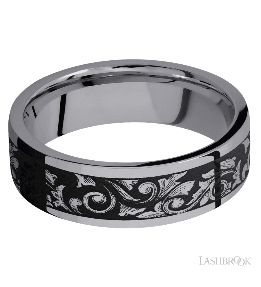 7 mm wide/Flat/Tantalum band with a laser carved Western Scroll pattern.