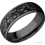 7 mm wide/Domed/Zirconium band with a laser carved Western Scroll pattern.