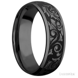 7 mm wide/Domed/Zirconium band with a laser carved Western Scroll pattern.