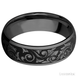 7 mm wide/Domed/Zirconium band with a laser carved Western Scroll pattern.