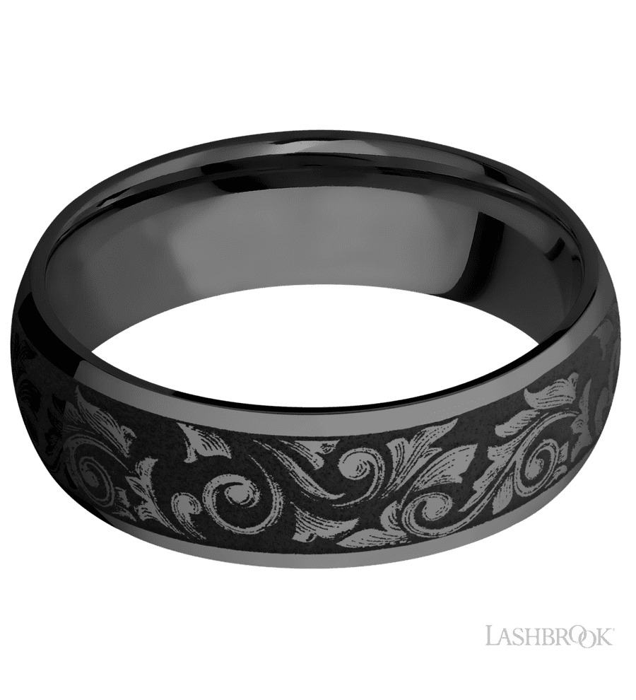 7 mm wide/Domed/Zirconium band with a laser carved Western Scroll pattern.