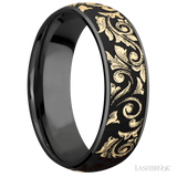 7 mm wide/Domed/Zirconium band with one 6 mm Centered inlay of 14K Yellow Gold with a laser carved Western Scroll pattern.