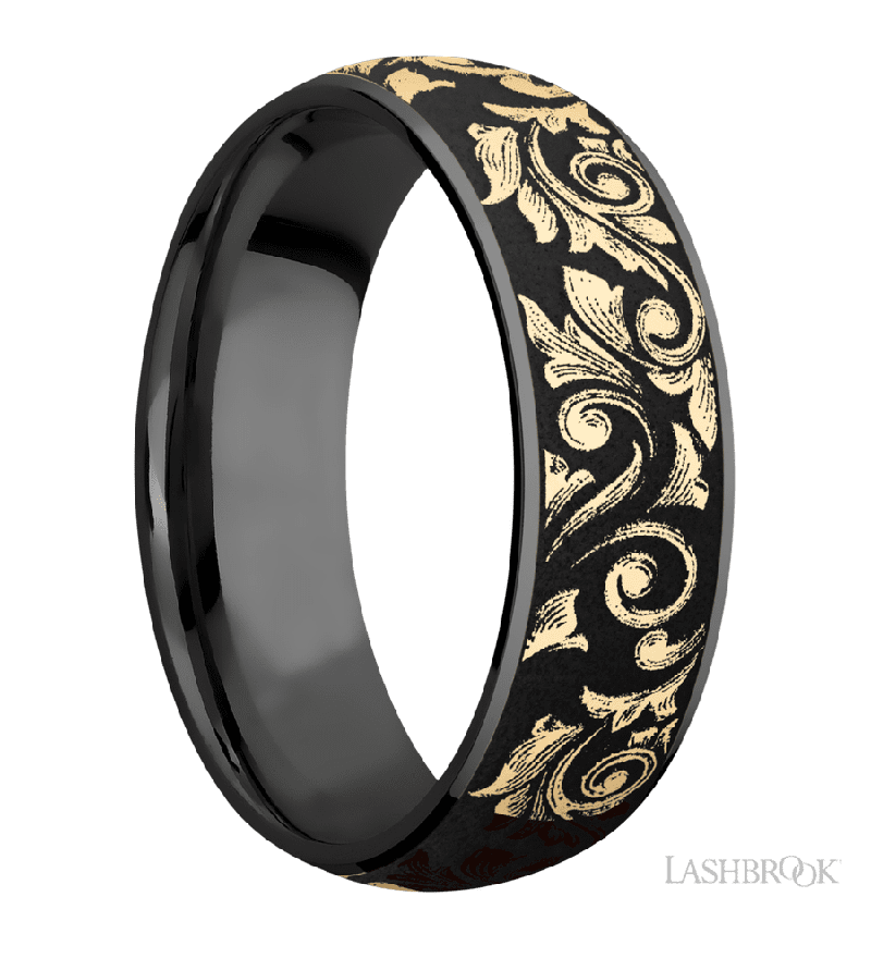 7 mm wide/Domed/Zirconium band with one 6 mm Centered inlay of 14K Yellow Gold with a laser carved Western Scroll pattern.