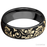7 mm wide/Domed/Zirconium band with one 6 mm Centered inlay of 14K Yellow Gold with a laser carved Western Scroll pattern.