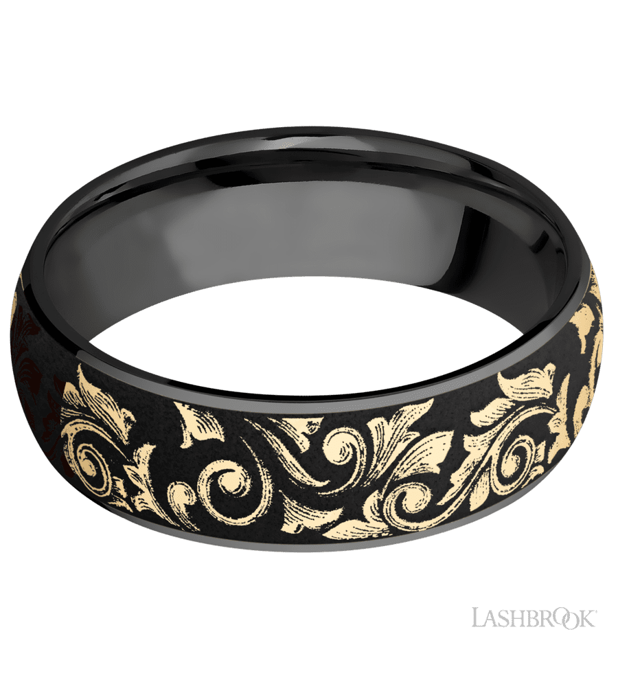 7 mm wide/Domed/Zirconium band with one 6 mm Centered inlay of 14K Yellow Gold with a laser carved Western Scroll pattern.