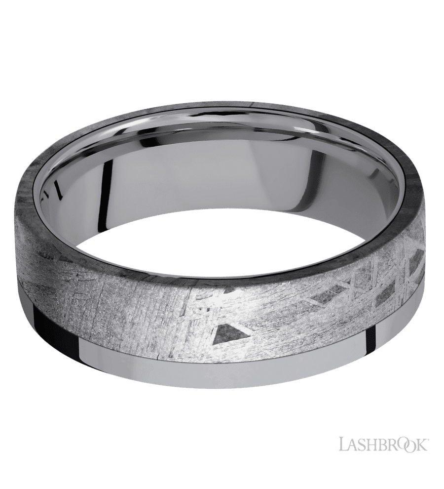 7 mm wide/Flat/Tantalum band with one 5 mm Off Center Edge inlay of Meteorite.