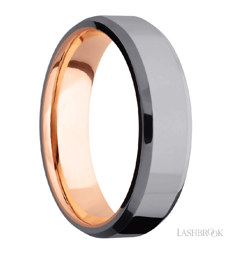6 mm wide Beveled Tantalum band featuring a 14K Rose Gold sleeve.