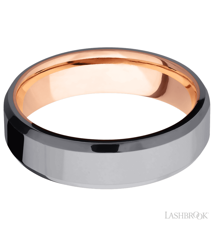 6 mm wide Beveled Tantalum band featuring a 14K Rose Gold sleeve.