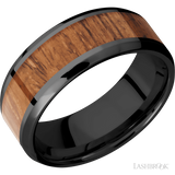 8 mm wide/Beveled/Zirconium band with one 5 mm Centered inlay of Desert Iron Wood.