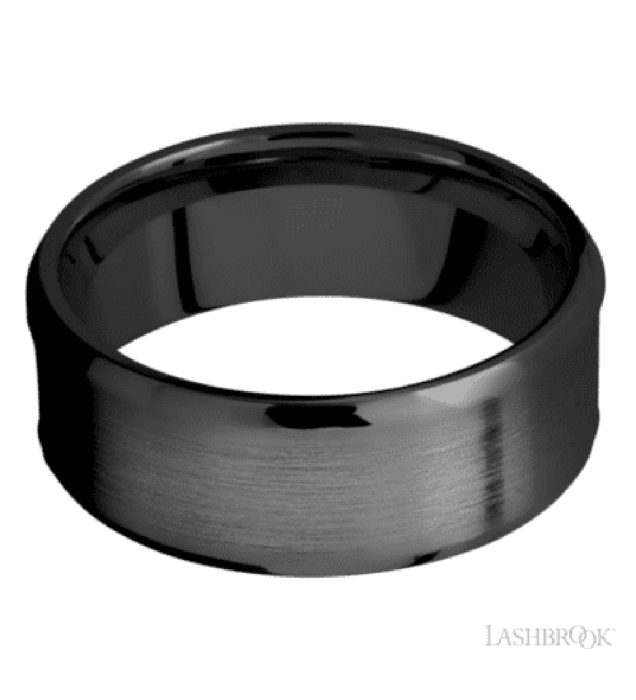 8 mm wide/Beveled/Zirconium band with one 5 mm Centered inlay of Desert Iron Wood.