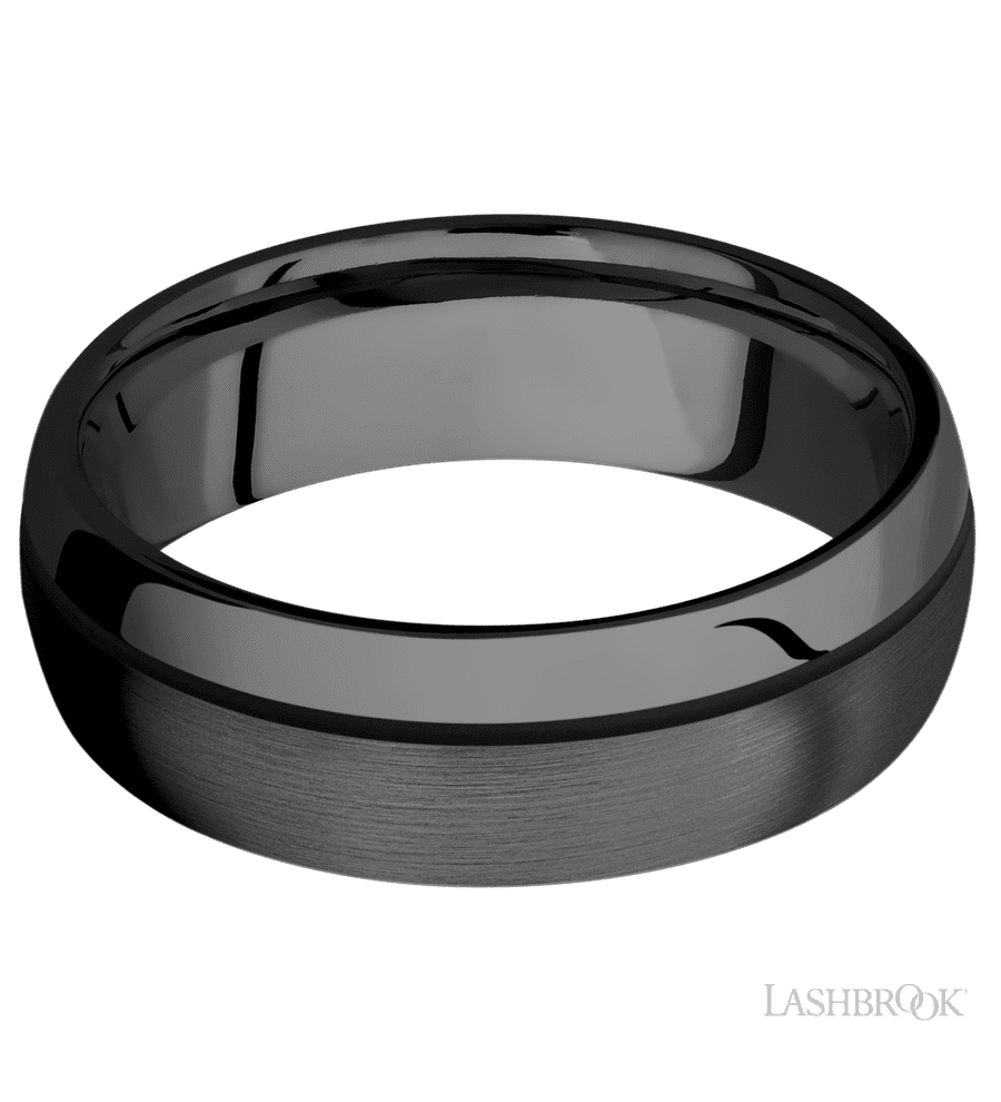 7 mm wide/Domed/Zirconium band with one 0.5 mm Off Center inlay of Black.
