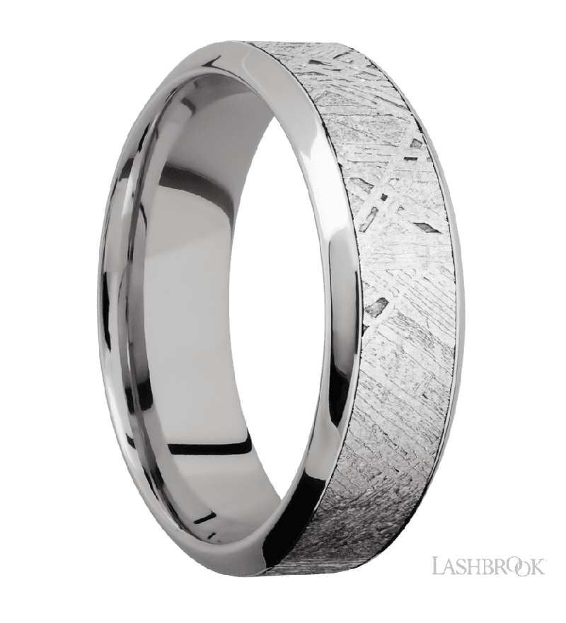 7 mm wide/High Bevel/18K White Gold band with one 4 mm Centered inlay of Meteorite.