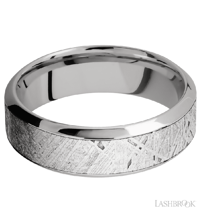 7 mm wide/High Bevel/18K White Gold band with one 4 mm Centered inlay of Meteorite.