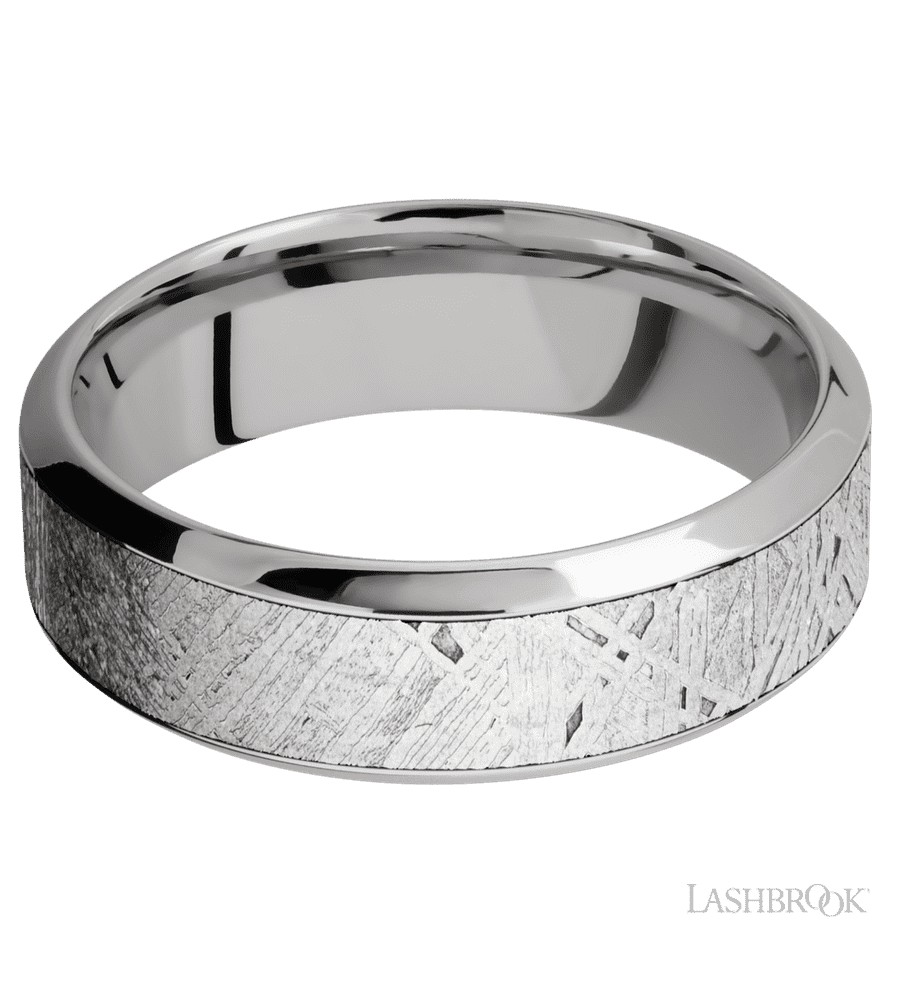 7 mm wide/High Bevel/18K White Gold band with one 4 mm Centered inlay of Meteorite.