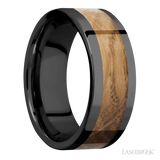 8 mm wide/Flat/Zirconium band with one 5 mm Centered inlay of Whiskey Barrel.