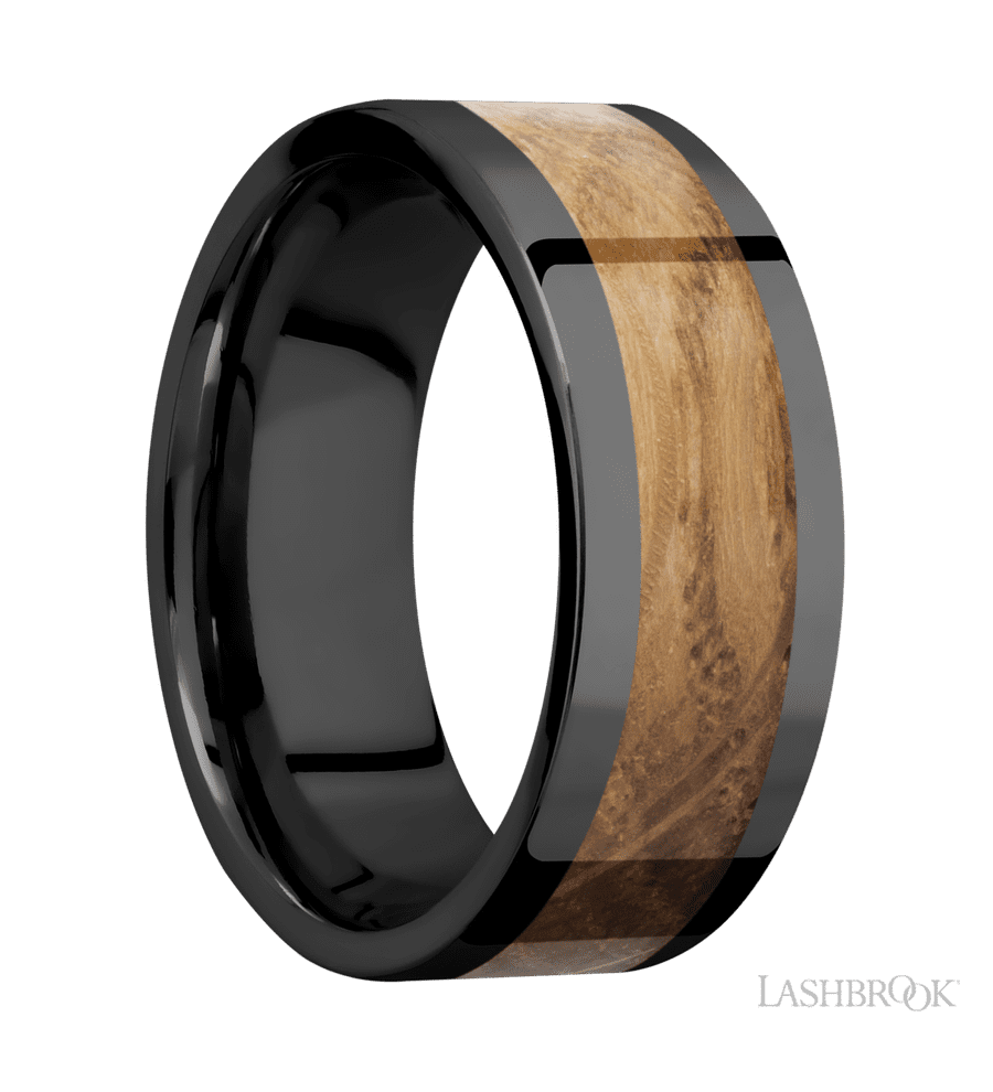 8 mm wide/Flat/Zirconium band with one 5 mm Centered inlay of Whiskey Barrel.