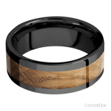 8 mm wide/Flat/Zirconium band with one 5 mm Centered inlay of Whiskey Barrel.