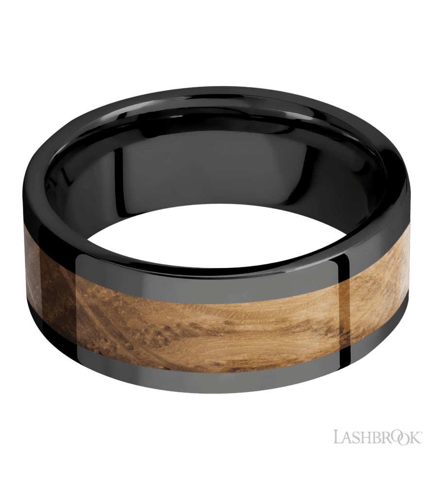 8 mm wide/Flat/Zirconium band with one 5 mm Centered inlay of Whiskey Barrel.
