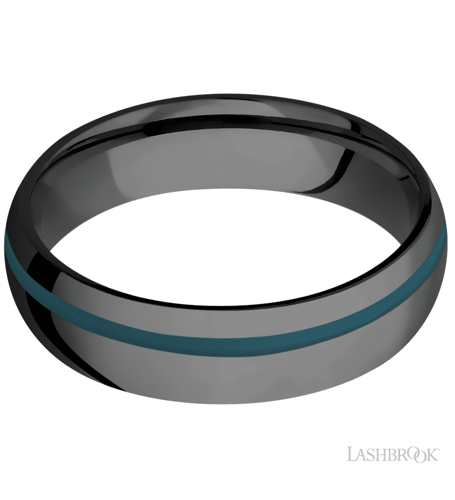 6 mm wide/Domed/Zirconium band with one 1 mm Off Center inlay of Ridgeway Blue.