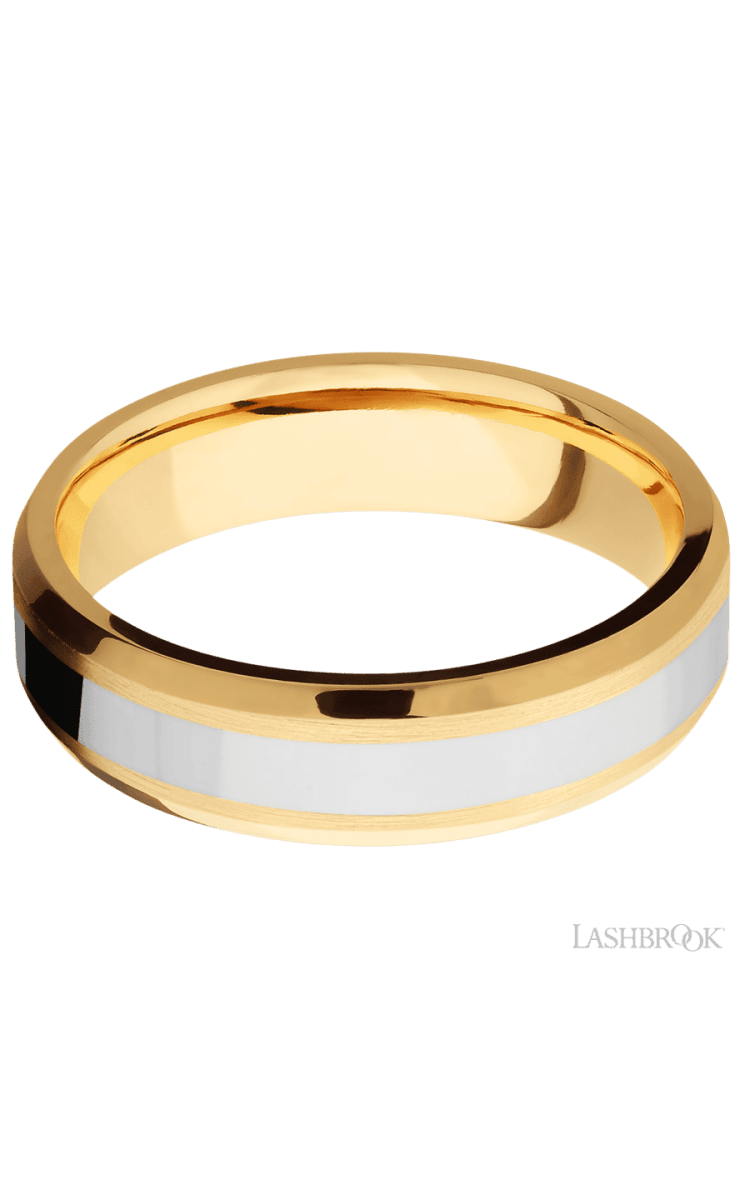 6 mm wide/Beveled/14K Yellow Gold band with one 3 mm Centered inlay of 14K White Gold. - Diamonds By Rothschild