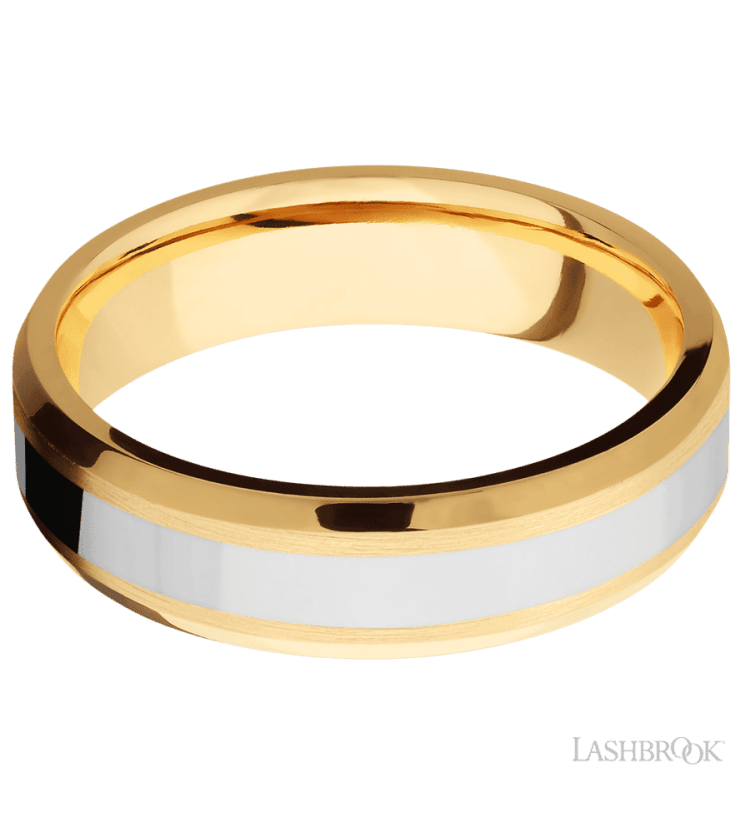 6 mm wide/Beveled/14K Yellow Gold band with one 3 mm Centered inlay of 14K White Gold. - Diamonds By Rothschild