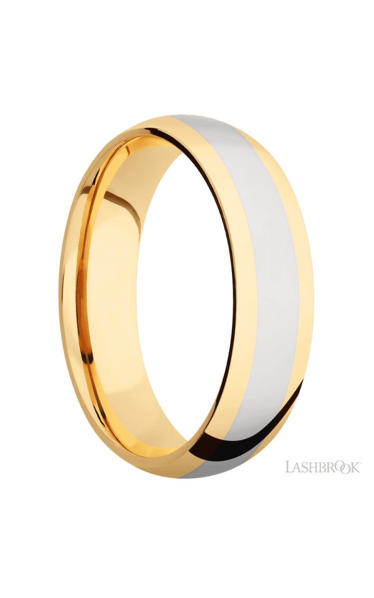6 mm wide/Domed/14K Yellow Gold band with one 3 mm Centered inlay of 14K White Gold. - Diamonds By Rothschild