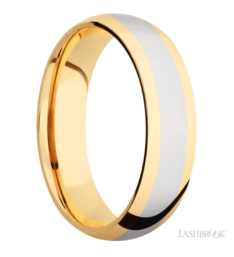 6 mm wide/Domed/14K Yellow Gold band with one 3 mm Centered inlay of 14K White Gold. - Diamonds By Rothschild