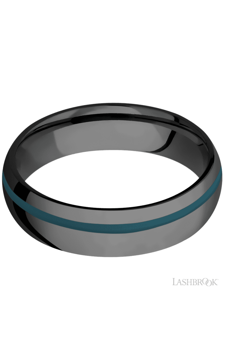 6 mm wide/Domed/Zirconium band with one 1 mm Off Center inlay of Ridgeway Blue. - Diamonds By Rothschild