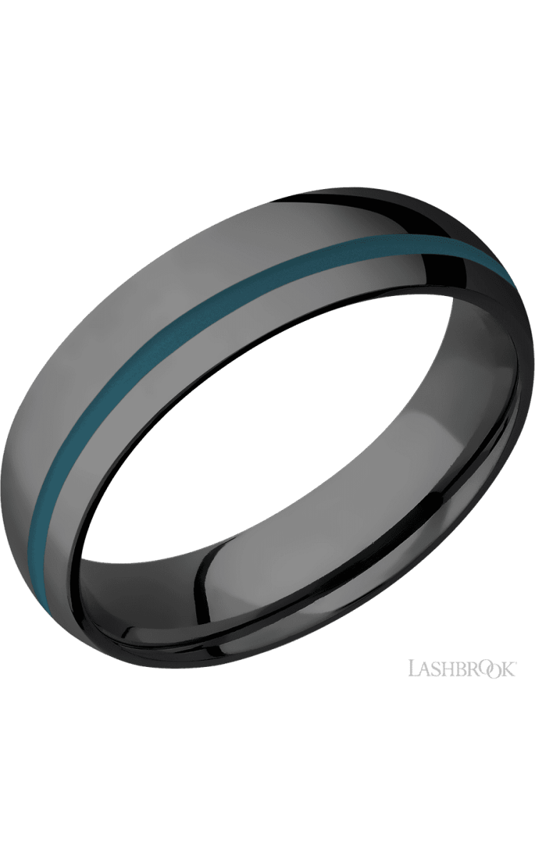 6 mm wide/Domed/Zirconium band with one 1 mm Off Center inlay of Ridgeway Blue. - Diamonds By Rothschild