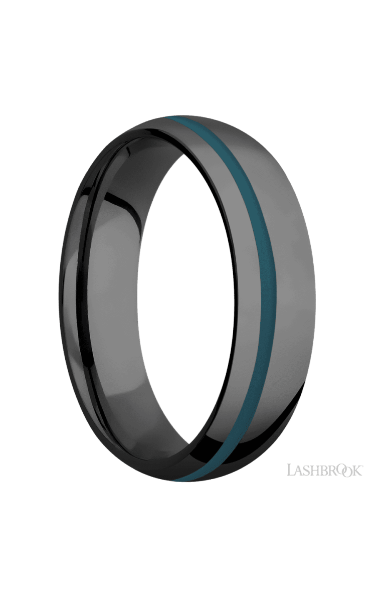6 mm wide/Domed/Zirconium band with one 1 mm Off Center inlay of Ridgeway Blue. - Diamonds By Rothschild