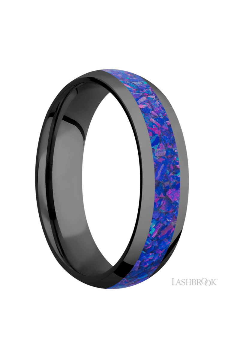 6 mm wide/Domed/Zirconium band with one 3 mm Centered inlay of Purple Opal. - Diamonds By Rothschild