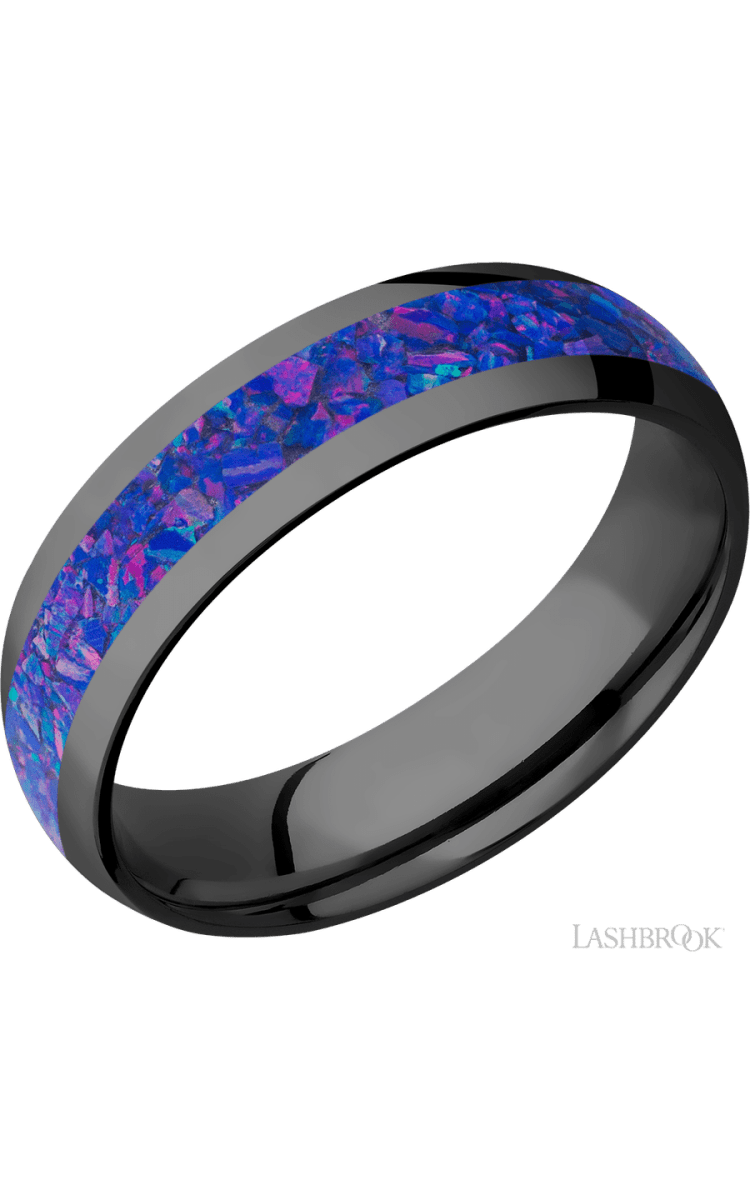 6 mm wide/Domed/Zirconium band with one 3 mm Centered inlay of Purple Opal. - Diamonds By Rothschild