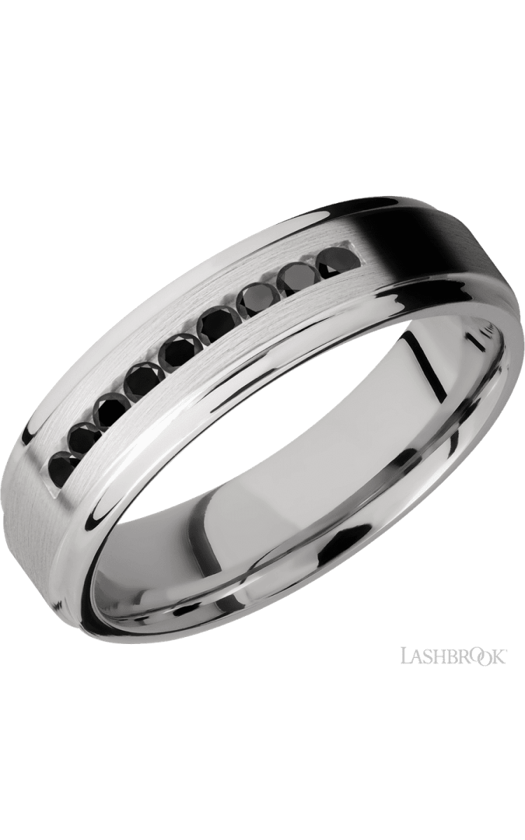 6 mm wide/Flat Grooved Edges/Cobalt Chrome band with an arrangement of 9, .03 carat Round Black Diamond stones in a Channel setting. - Diamonds By Rothschild