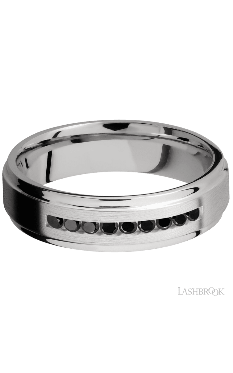 6 mm wide/Flat Grooved Edges/Cobalt Chrome band with an arrangement of 9, .03 carat Round Black Diamond stones in a Channel setting. - Diamonds By Rothschild