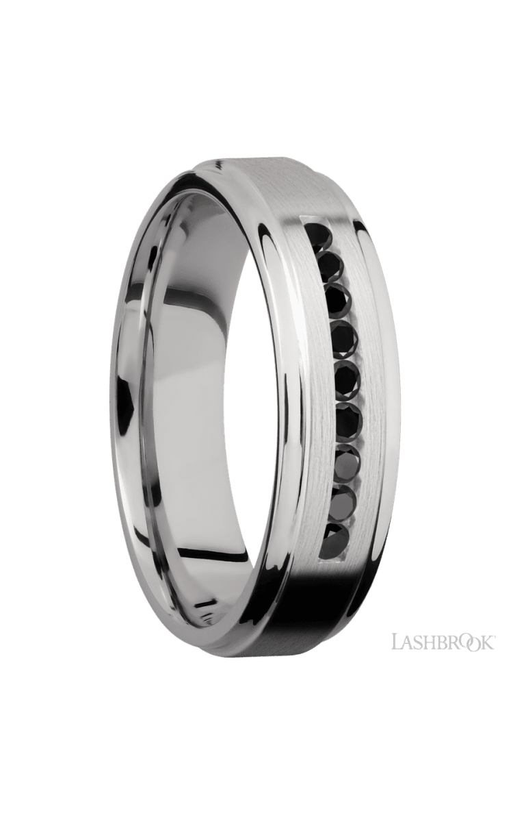 6 mm wide/Flat Grooved Edges/Cobalt Chrome band with an arrangement of 9, .03 carat Round Black Diamond stones in a Channel setting. - Diamonds By Rothschild