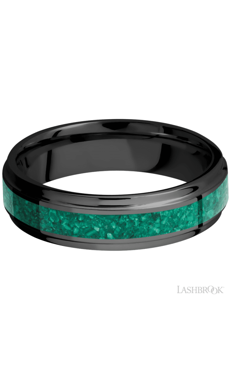 6 mm wide/Flat Grooved Edges/Zirconium band with one 3 mm Centered inlay of Malachite. - Diamonds By Rothschild