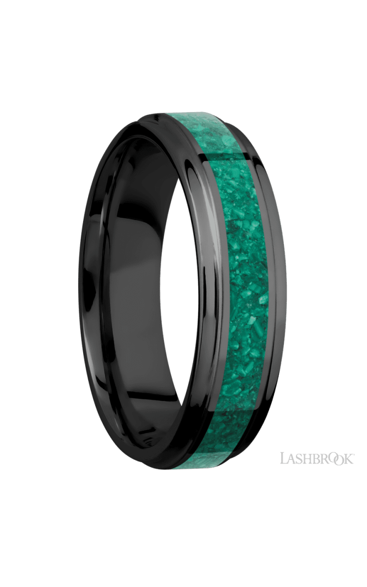 6 mm wide/Flat Grooved Edges/Zirconium band with one 3 mm Centered inlay of Malachite. - Diamonds By Rothschild
