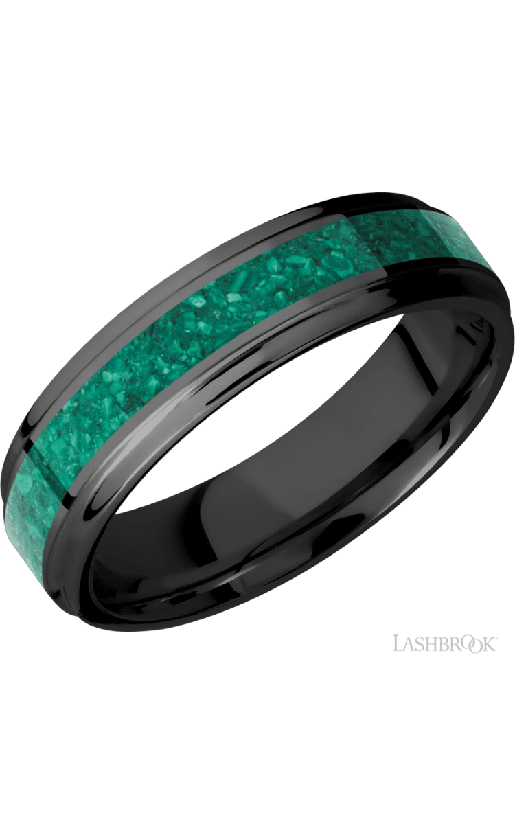 6 mm wide/Flat Grooved Edges/Zirconium band with one 3 mm Centered inlay of Malachite. - Diamonds By Rothschild