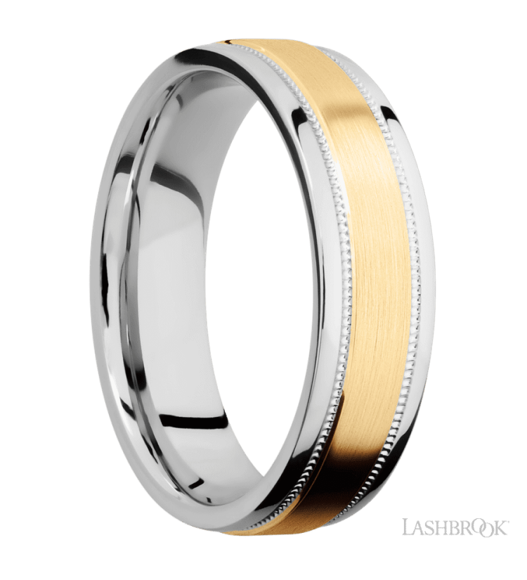 6 mm wide/Flat Stepped Edges Milgrain/Cobalt Chrome band with one 3 mm Raised Centered inlay of 14K Yellow Gold. - Diamonds By Rothschild