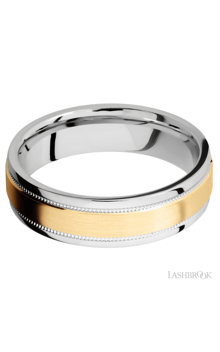 6 mm wide/Flat Stepped Edges Milgrain/Cobalt Chrome band with one 3 mm Raised Centered inlay of 14K Yellow Gold. - Diamonds By Rothschild