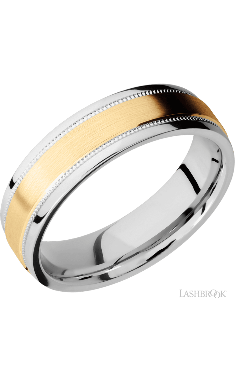 6 mm wide/Flat Stepped Edges Milgrain/Cobalt Chrome band with one 3 mm Raised Centered inlay of 14K Yellow Gold. - Diamonds By Rothschild