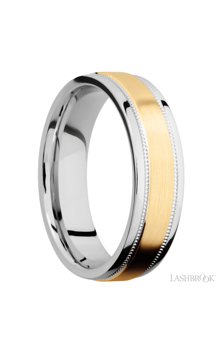 6 mm wide/Flat Stepped Edges Milgrain/Cobalt Chrome band with one 3 mm Raised Centered inlay of 14K Yellow Gold. - Diamonds By Rothschild